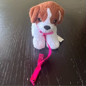✅ Mini Plush Dog Toy with Pink Leash - Brown and White